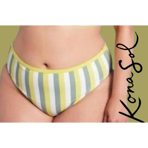 Kona Sol Women's Plus Size yellow striped Medium Coverage Hipster Bikini Bottom - Picture 6 of 7